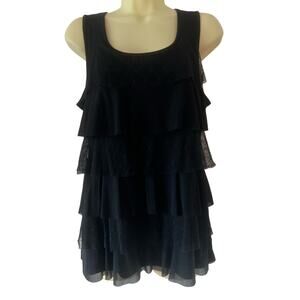 Chico’s 1 Black Ruffled Tiered Tunic Top Woman Size 8 Sleeveless Dressy Casual